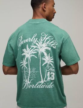 Herren Übergroßes Beverly Hills Palmen Gewaschenes Oberteil Green Größe 3XL