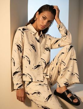 Camicia con motivo astratto in viscosa con miscela di lino - multicolor