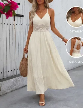 New Women's Summer Solid Color Camisole Dress Beach Vacation Style Lace Backless Long Skirt for Women - Aliexpress - FashionsVida
