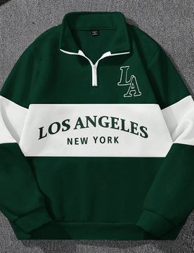 Sudadera con cremallera y cuello de pico para hombres, con gráfico de letras, media cartera y forro térmico, top de manga larga