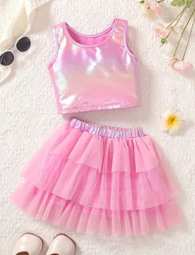 Conjunto de top y falda de gasa con degradado rosa, elegante y lindo para niña - Shein - FashionsVida