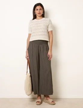 Wide Leg Shirred Waist Wavy Trousers - L/XL / KHAKI - female - Blue Vanilla - FashionsVida