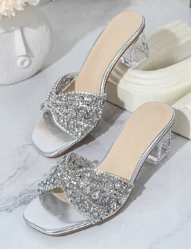 Sandalias de tacón alto de mujer con puntera cuadrada, cristales y tiras con strass en color plateado, adecuadas para fiestas al aire libre, San Vale - Shein - FashionsVida