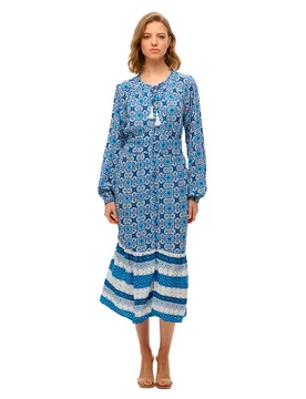 Vestito Corto A Maniche Lunghe Printed Tala Tile Border Blue S - Superdry - FashionsVida