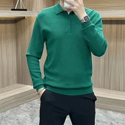 Autumn Winter Men New Style Spliced polo Collar Button Fashion Solid Color Slim Minimalist Casual Versatile Long Sleeved Top