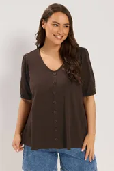 Women's Button Front Puff Sleeve Top in Chocolate Size: 26-28 - Chocolate - Size: 26-28