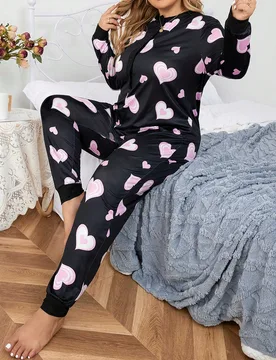 Pijama de una pieza con estampado de corazón, para otoño e invierno, conjunto acogedor - Shein - FashionsVida