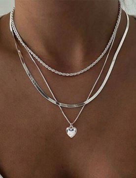 Set de 3 collares apilados de acero inoxidable para mujeres, incluye cadena retorcida, cadena de hoja y colgante de corazón de cobre con circonita c?