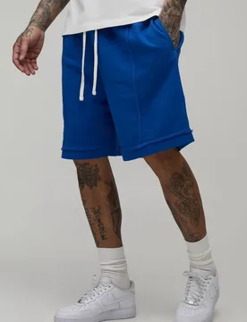 Men's Tall Baggy Drop Crotch Exposed Seam Loopback Short Cobalt Size Small Cobalt S - boohooMAN - FashionsVida