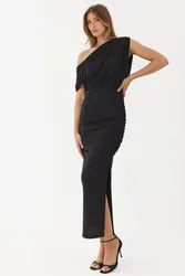 Womens Slit Detailed Asymmetrical Collar Elastic Midi Wrap Dress - Black - Size 2xs