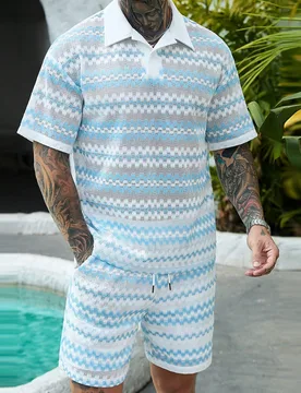 Conjunto de polo de punto texturizado y pantalones cortos para hombre, rayas azules y blancas, casual de verano para vacaciones, estilo vintage de din - Shein - FashionsVida
