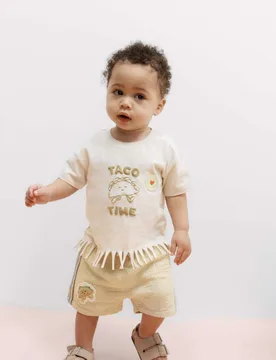 Pure Cotton Taco Fringe T-shirt and Shorts (0-5 Yrs) Cream Mix Female - M&S - FashionsVida