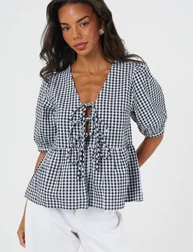 Women's Short Puff Sleeve Gingham Tie Front Blouse in Black Size: Medium - Black - Size: M - Brave soul - FashionsVida