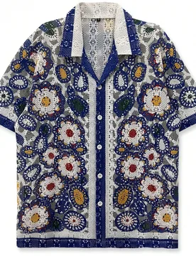 Camisa estampada, unisex, parte superior beige, patrón geométrico, estilo bohemio, estilo hawaiano, camisa de pareja, cuadros calados, salida casual - Shein - FashionsVida