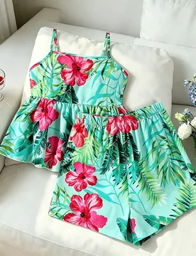 Piezas/Set Conjunto de moda para adolescentes chicas Primavera/Verano Casual Top de tirantes con cintura ceñida de crepé de burbuja tejido con estam - Shein - FashionsVida