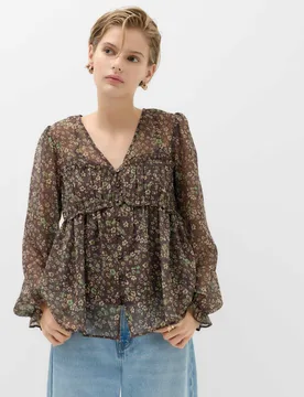Floral Ruffle V-Neck Blouse Khaki Mix female - M&S - FashionsVida