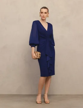 Vestido corto elástico manga larga gasa con nudo en cintura de mujer - Woman Fiesta El Corte Inglés - FashionsVida