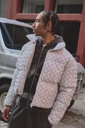 Herren Boxy Fit Gewebte Strukturierte Stehkragen Pufferjacke Grey Größe Large