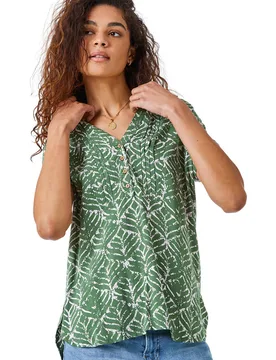 Womens Abstract Print Button Detail Top - Khaki - Size 12 Uk - Roman - FashionsVida