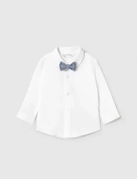 Camicia bianca in popeline di cotone con papillon blu avio in twill - Mayoral - FashionsVida