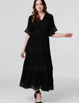 Women's Short Sleeve Crochet Maxi Dress in Black Size: 8 - Black - Size: 8 - Izabel London - FashionsVida