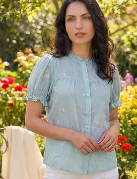 Women's Floral Embroidered Shirt in Blue Size: Large - Blue - Size: L - Dusk - FashionsVida