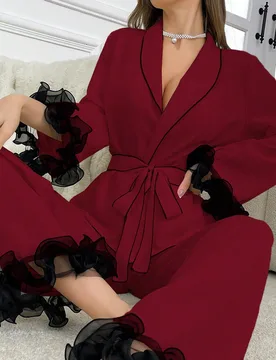 Conjunto de pijama de mujer con volantes de color contrastante, ropa de otoño e invierno - Shein - FashionsVida