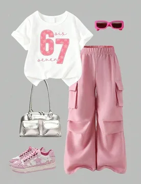 Conjunto de top de manga corta con cuello redondo y estampado de dibujos animados, y pantalones cargo para niñas pequeñas - Shein - FashionsVida