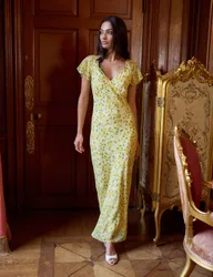 Floral V-Neck Midi Tea Dress Yellow female