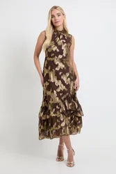 Womens Petite Metallic Ruffle Hem Maxi Dress - Chocolate - Size 20 Uk