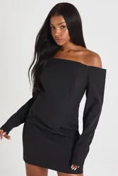 Womens Boxy Bandeau Long Sleeve Tailored Mini Dress - Black - Size 8 Uk
