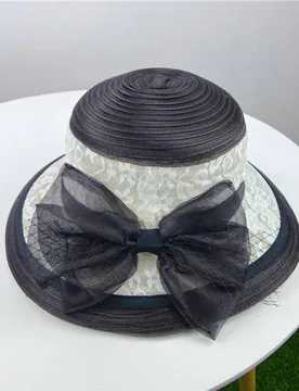Women's Floral Lace Sun Hat with Oversized Bow in Black - Black - Size: One Size - PEACH ACCESSORIES - FashionsVida