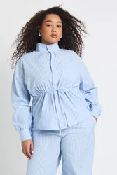 Womens Plus Stripe Funnel Neck Cinched Jacket - Pale Blue Cotton - Size 16 Uk