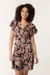 Women's Black Short Sleeve Zip V-neck Mini Dress Size: 16 - Black - Size: 16