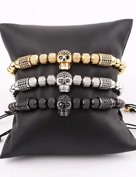 New Design Skull Jewelry Gold Plated Stainless Steel Beaded CZ Pave Charm Macrame Adjustable Bracelet Men - Aliexpress - FashionsVida