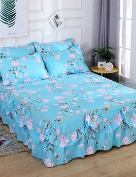 Piezas fruncido Faldón de cama con 2 Fundas de almohada Set , , transpirable , lavable en lavadora , espesado , forro polar suave , pleno , con elás - Shein - FashionsVida