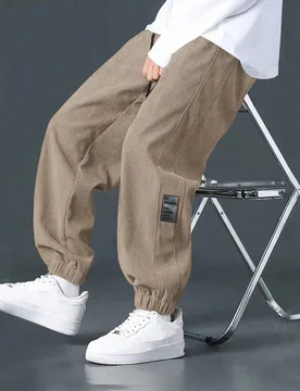 Pantalones casuales de pana con cordón en la cintura y estampado de letras para hombre, otoño e invierno - Shein - FashionsVida