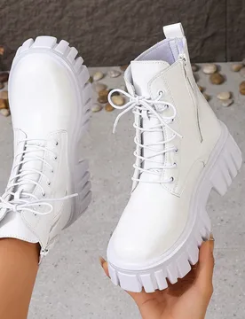 Botas blancas con cordones estilo punk para mujer, botas individuales, estilo británico, punta redonda versátil, suela gruesa, primavera otoño invi - Shein - FashionsVida
