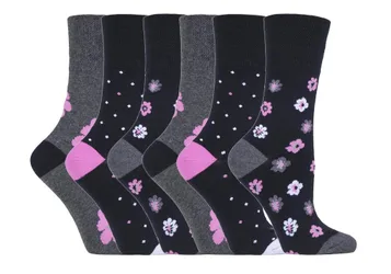 Womens - 6 Pairs Ladies Non Elastic Socks - Solrh195 - Black Cotton - Size Uk 4-8