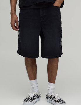 Herren Jeans Hosen-Shorts Mit Fallschirm-Applikation Black Größe 38