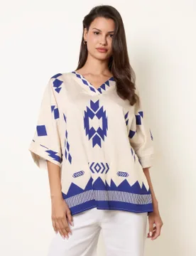 Linen Geometric Print Top - M/L / IVORY/ NAVY - female - Blue Vanilla - FashionsVida