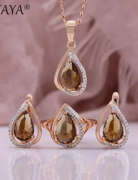 PATAYA Light Brown Water Drop Natural Zircon Rings Earrings Necklace Pendant Set for Women 585 Rose Gold Color Jewelry Sets - Aliexpress - FashionsVida