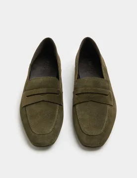 Suede Flat Chisel Toe Loafers Olive female - M&S - FashionsVida