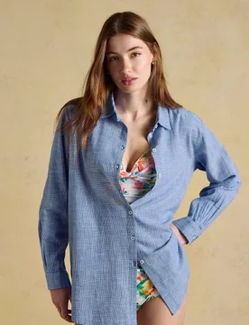 Pure Cotton Checked Longline Shirt Blue female - Joules - FashionsVida
