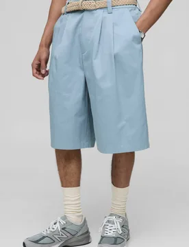 Men's Relaxed Fit Fixed Waistband Pleat Detail Jorts Blue Size 32 Blue 32 - boohooMAN - FashionsVida