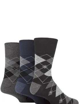 Mens 3 Pair Argyle Cotton Socks Argyle Black / Navy / Charcoal 6-11 - Multi Coloured - Size: 7-11 Mens - Gentle Grip - FashionsVida