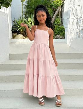 Vestido casual de verano con tirantes con volantes y espalda descubierta con lazo para niñas preadolescentes, vestido largo de vacaciones