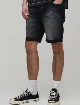 Men's Skinny Stretch Heavy Bleached Denim Shorts Washed Black Size 28 Washed Black 28 - boohooMAN - FashionsVida