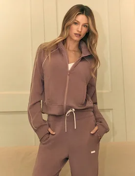 Sudadera con cremallera ajustada de uso diario y casual con contraste de ribete, puños con agujero para el pulgar y largo hasta la cintura, de modal - Shein - FashionsVida