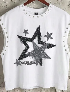 Top corto de tirantes con cuentas de metal blanco, diseño de estampado de estrellas en denim - Shein - FashionsVida